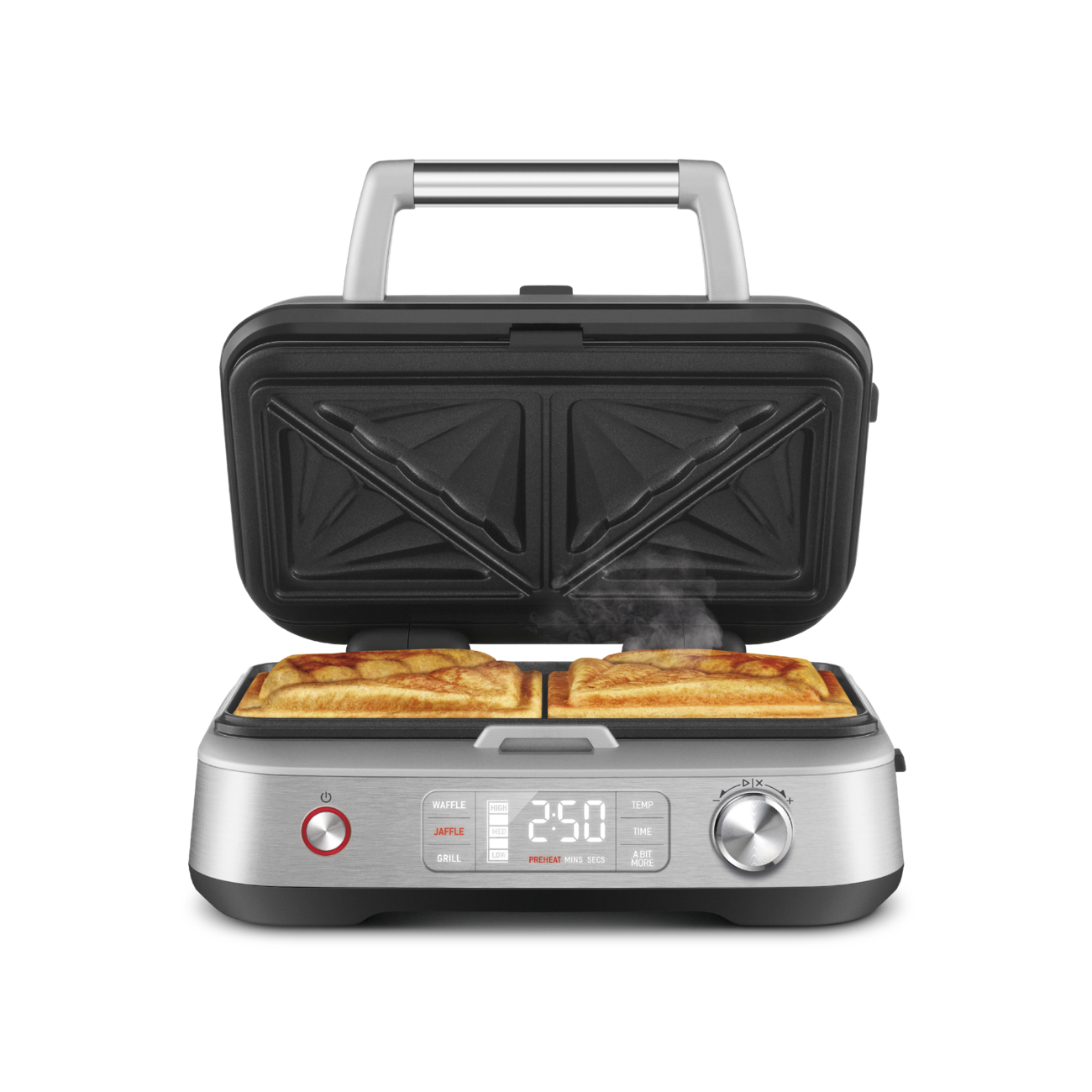 Front view of the Switch & Press™ 3-in-1 with lid open and grilled toastie inside