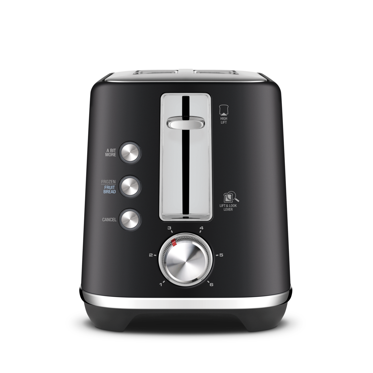 Side view of toaster with buttons and dial settings