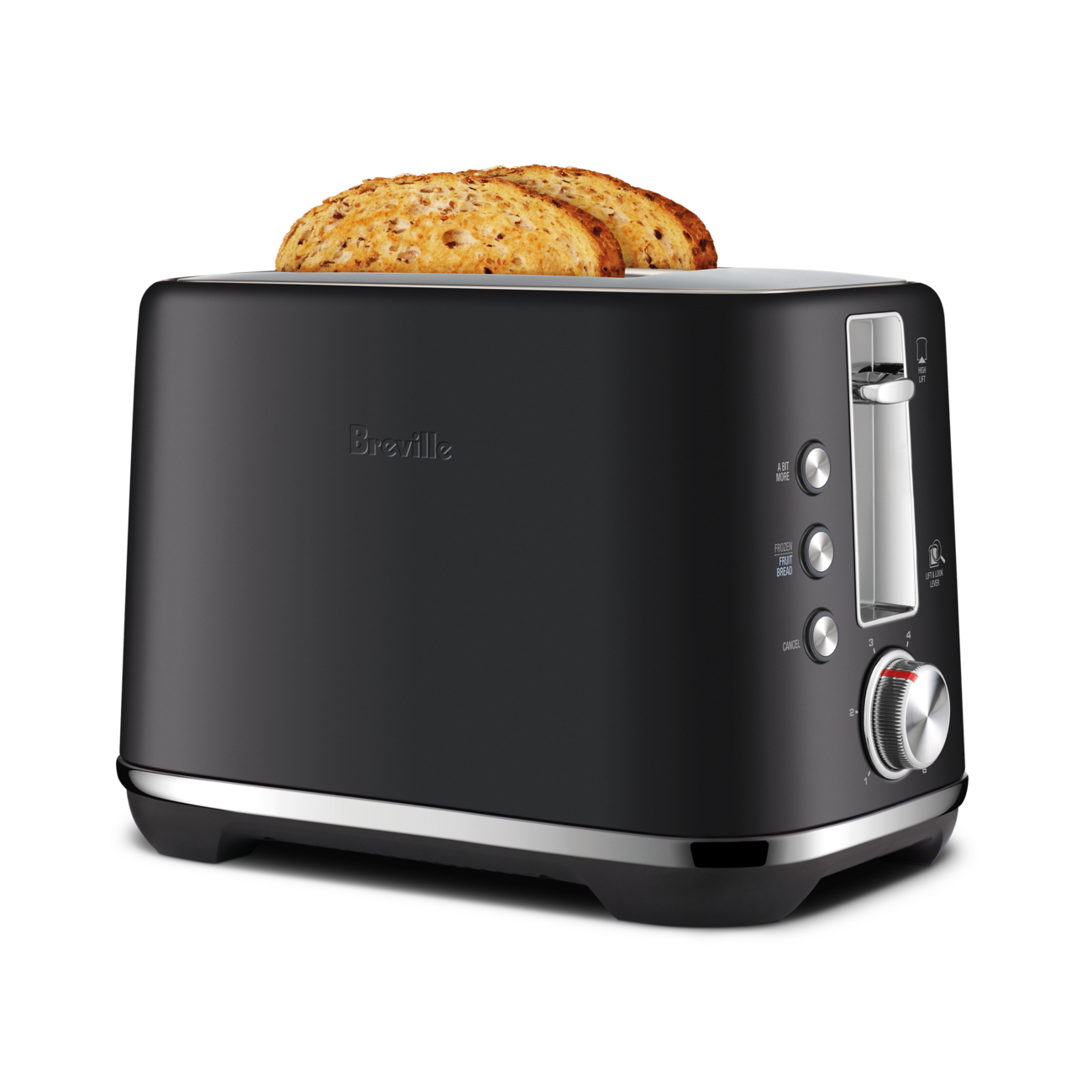 Front view of toaster with toast in the slots