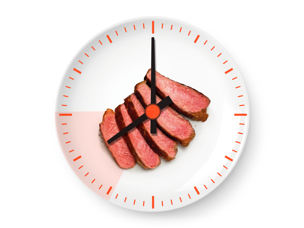 Red meat on white plate that resembles a clock