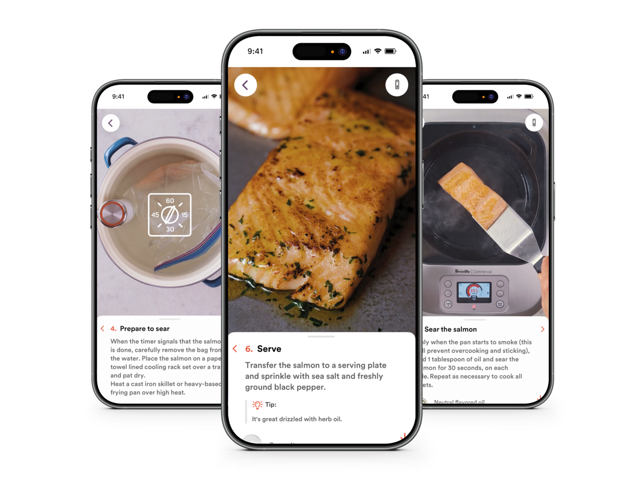 Phone screens displaying the guided recipe function