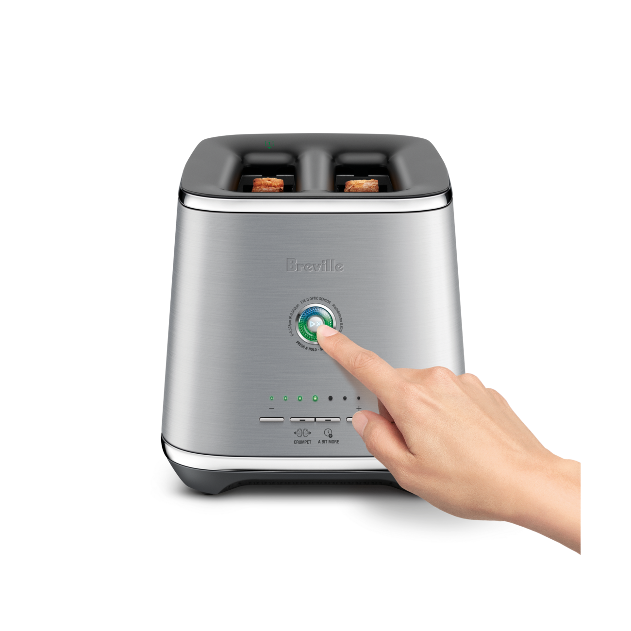 A hand reached out to press a button of the Eye Q™ Auto 2 Slice