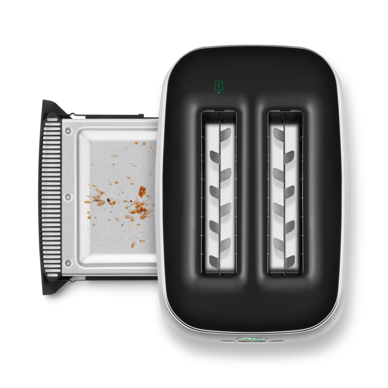 A birds eye view of the top of the Eye Q™ Auto 2 Slice with crumb tray pulled out
