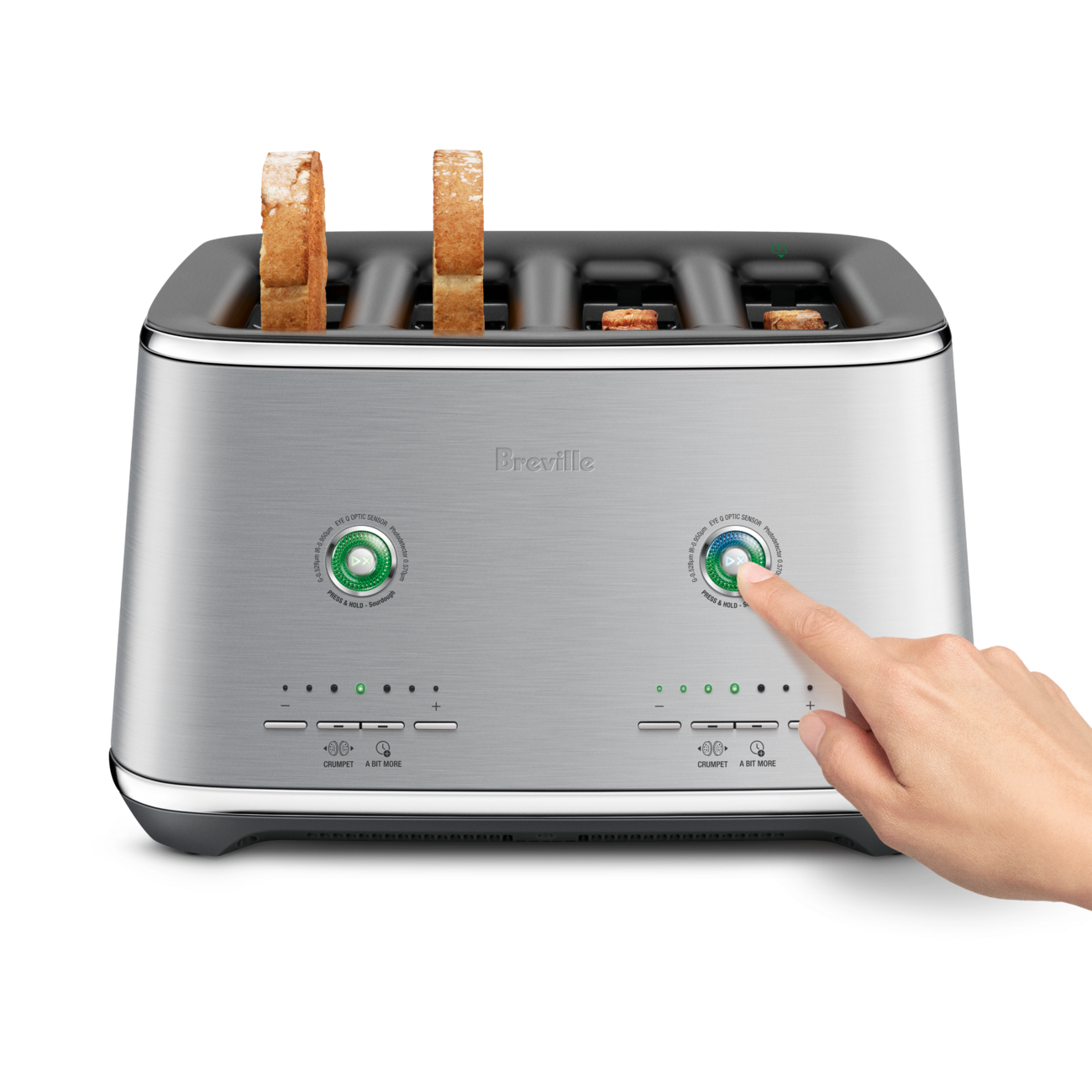 A hand reached out to press a button of the Eye Q™ Auto 4 Slice