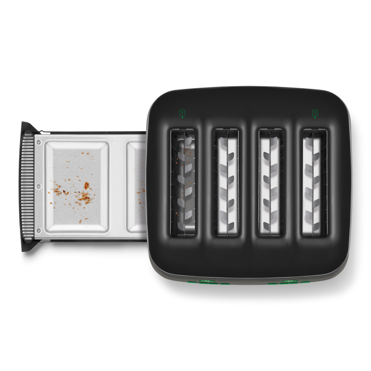 A birds eye view of the top of the Eye Q™ Auto 4 Slice with crumb tray pulled out