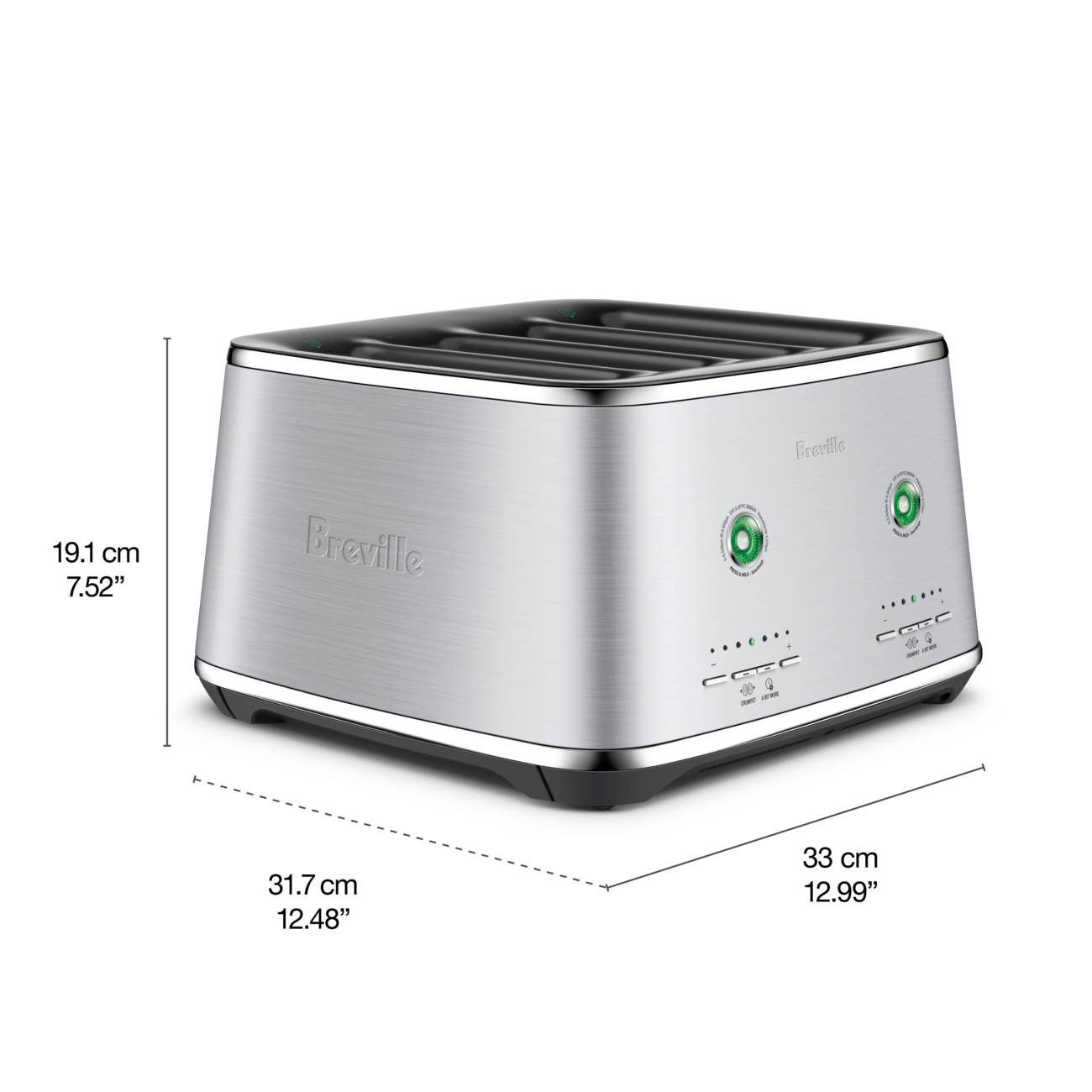 Angled view of the Eye Q™ Auto 4 Slice with dimensions