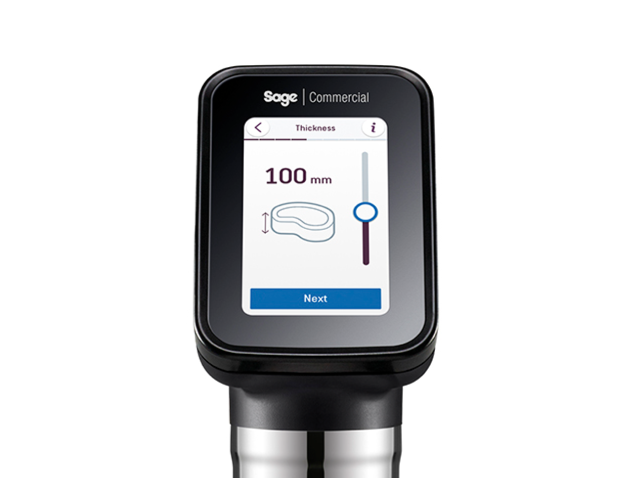 A close-up of the touch screen that displays the thickness of meat.